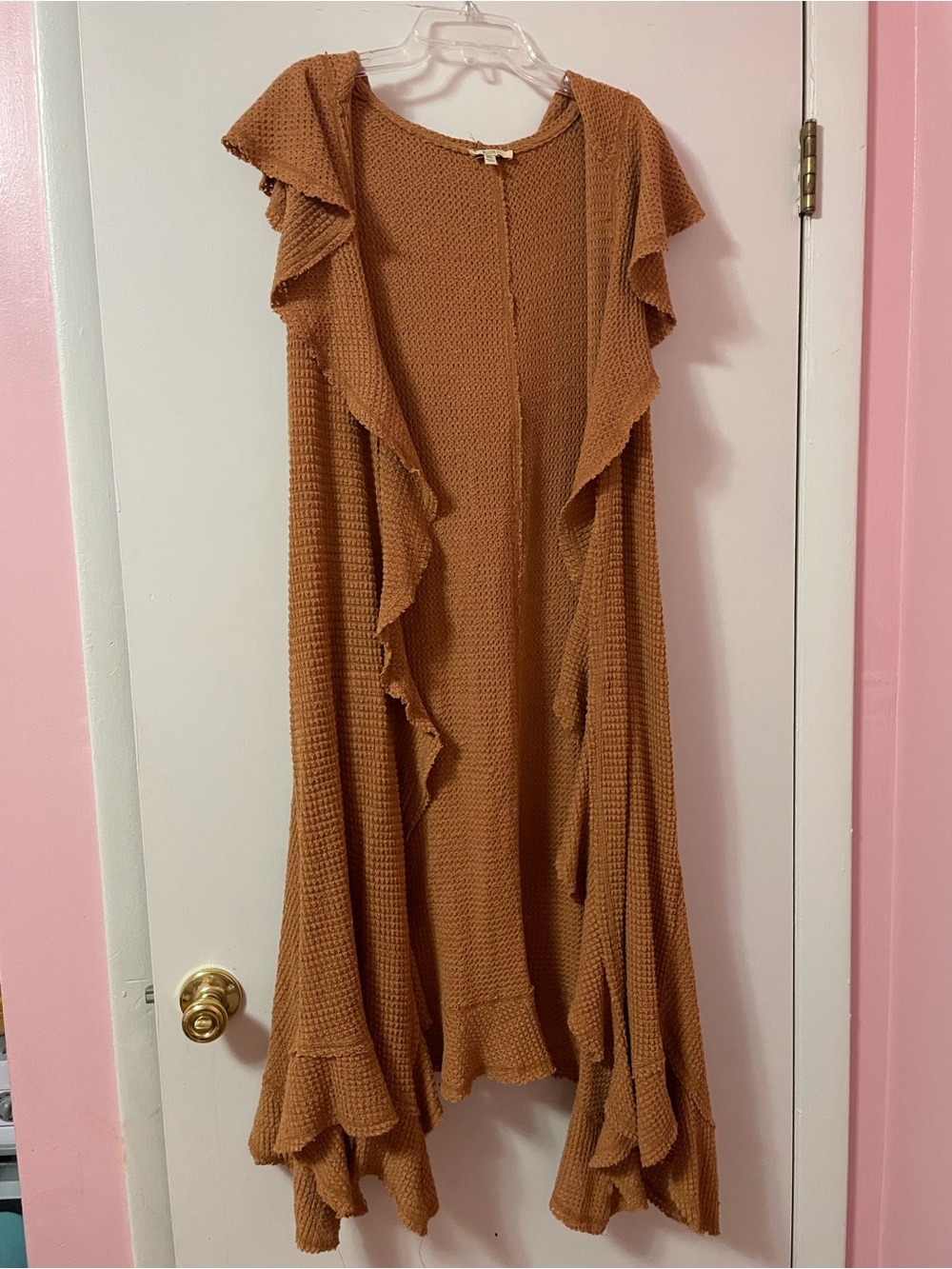 Kori Ruffle-Trim Open-Front hooded Cardigan Sweater in terracotta